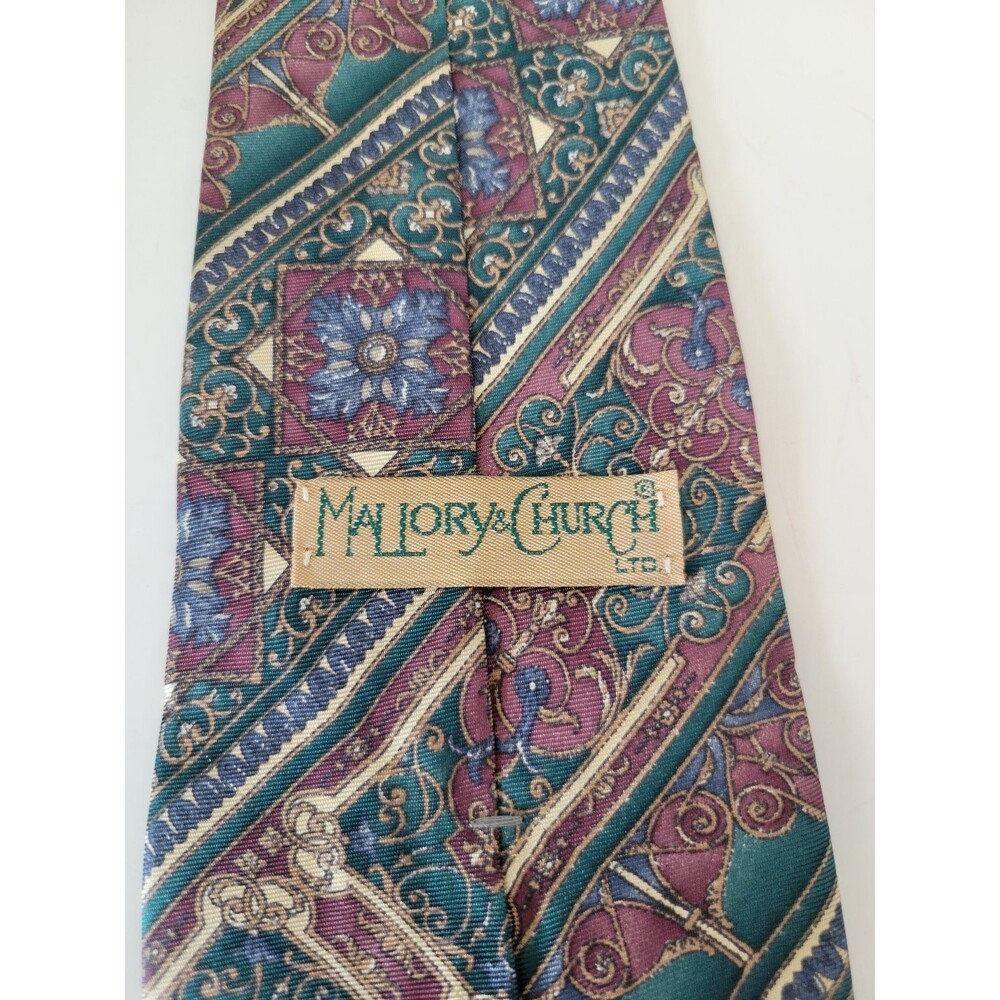 Mallory & Church Men's Silk Tie Green Burgundy‎ Patterned Classic
